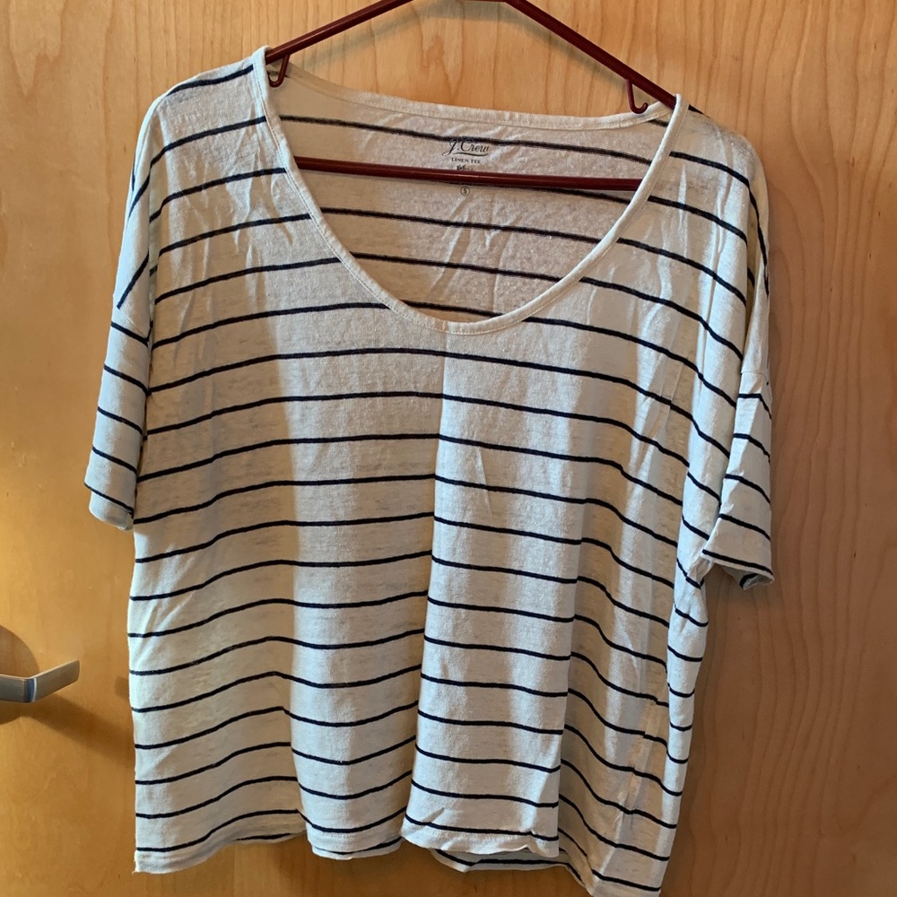 J. Crew Navy and White Striped Relaxed Linen Short Sleeve T-Shirt